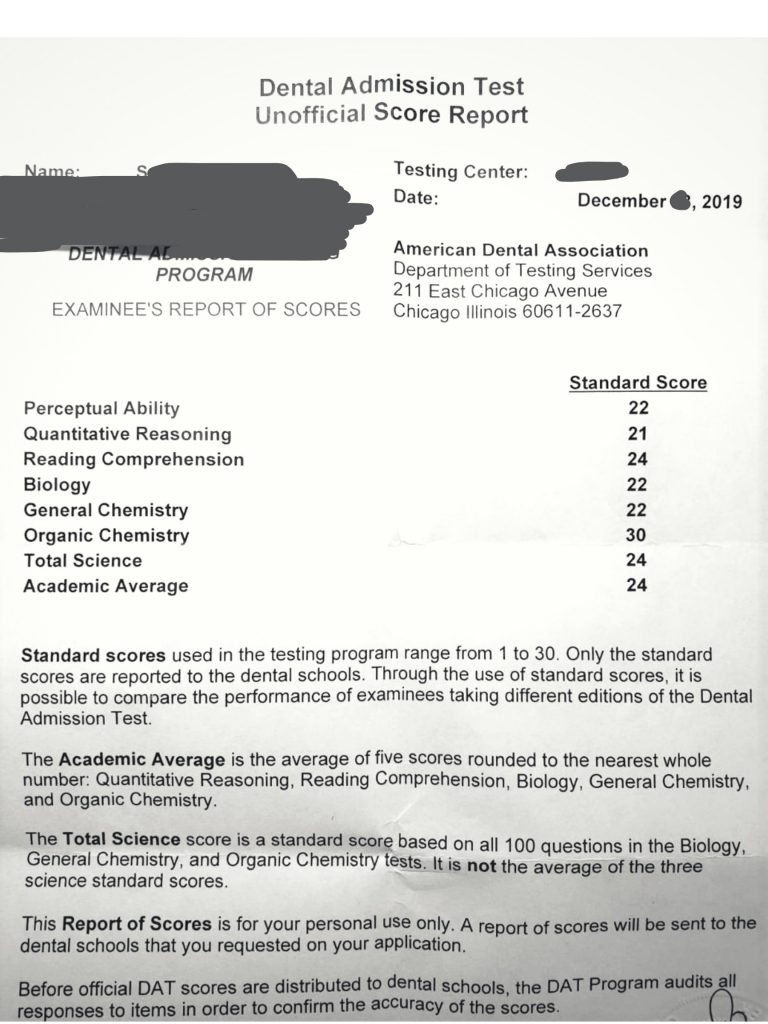 DAT Exam Score Sangah Lee - Dental Admission Test