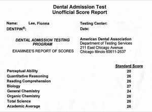 Fionna Lee Dental School Admission Test DAT Score Report using CrackDAT.com